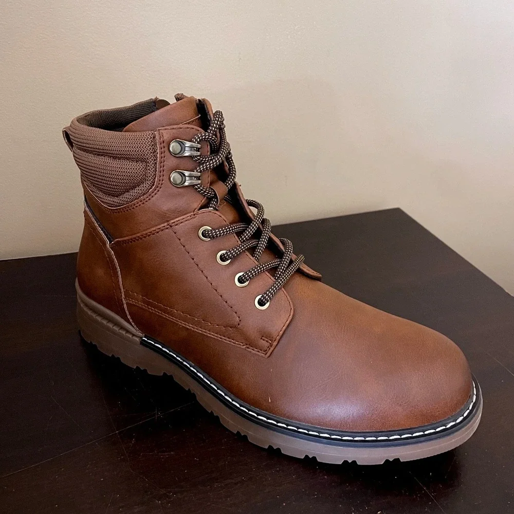 Clowse Mens Cognac Brown Faux Leather Side Zip Lace Up Combat Ankle Boots 8